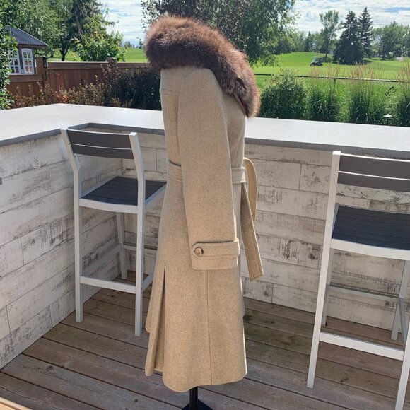 Vintage 50s 60s Union Made Oatmeal Wool Fur Trim Collar Long Belted Overcoat - Picture 6 of 16